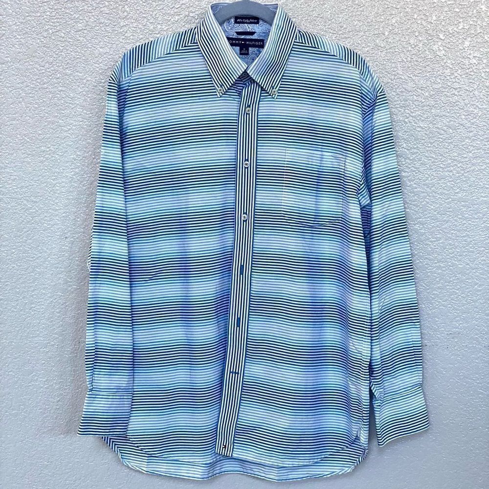 NWOT Tommy Hilfiger ' 80s 2 ply fabric ' blue striped longsleeve shirt, M